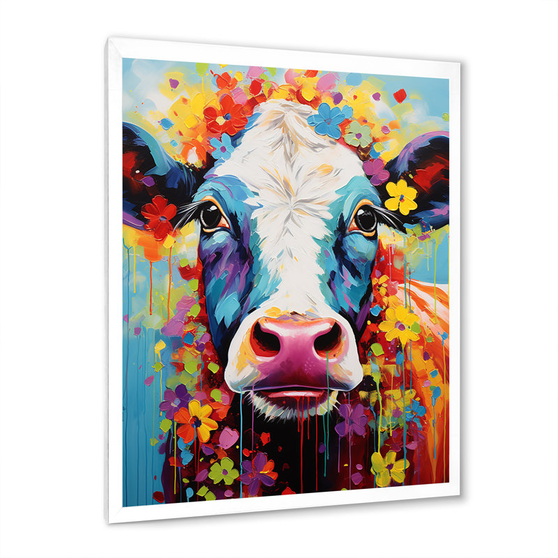 Vache fantaisie - art mural, H 40 po x l 30 po x P 1,5 po, Cadre simple blanc