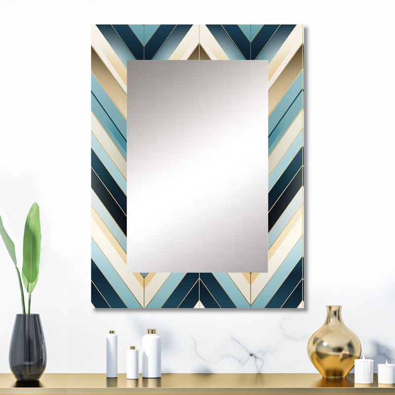 Cecile Tiles Blue and White Chevron Dreams - grand miroir mural géométrique, miroir décoratif géométrique, impression d'art en métal