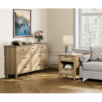 Etty 2 Piece Bedroom Set - Includes Farmhouse 7 Drawer Dresser, Rattan Night Stand With Charging Station & Shelf, 2 Piece Dresser And Nightstand Sets,