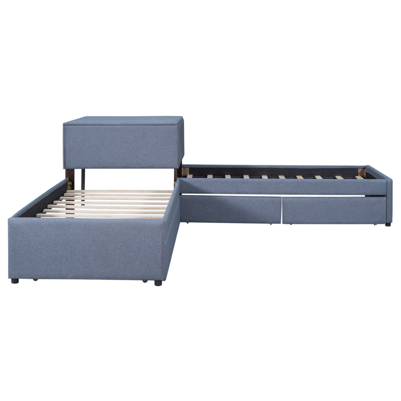 L-Shaped Upholsted Platm Bed With Trundle And Two Drawers Linked With Built-In Desk,,