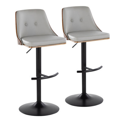 Gianna Mid-Century Modern Adjustable Barstool With Swivel In Black Metal, Walnut Wood And Light Grey Faux Leather With Rounded T Footrest By Lumisource - Set Of 2