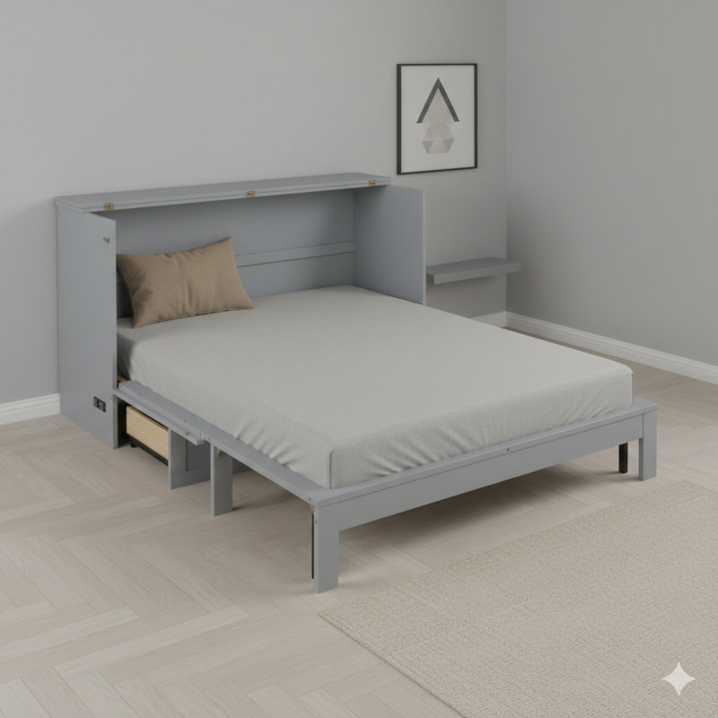Grand lit escamotable avec grands tiroirs, gris.
