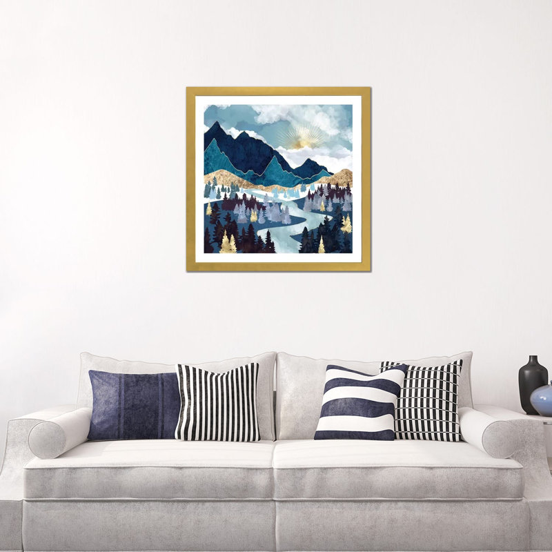 Valley Sunrise - impression d'art graphique, 24" H x 24" W x 1'' D, Blanc, Papier encadré doré
