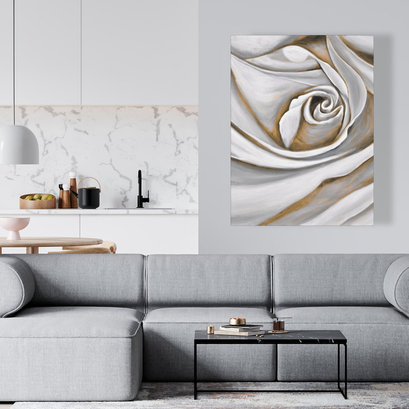 White Rose Closeup - Beige Botanical Canvas for Home Decor