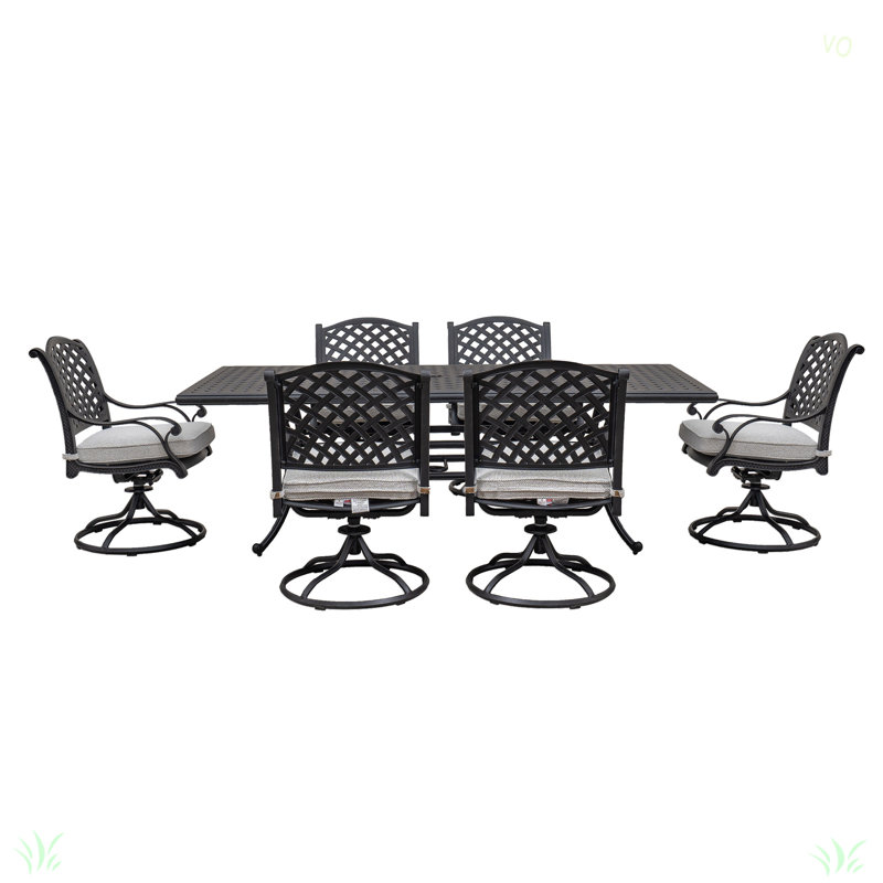 Ensemble repas d'extérieur en aluminium avec coussin, H 36,04 po x l 94,09 po x L 131,93 po, Gris antique