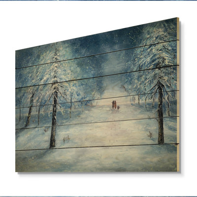 Couple romantique marchant dans la forêt d'hiver - impression d'art mural traditionnel en bois