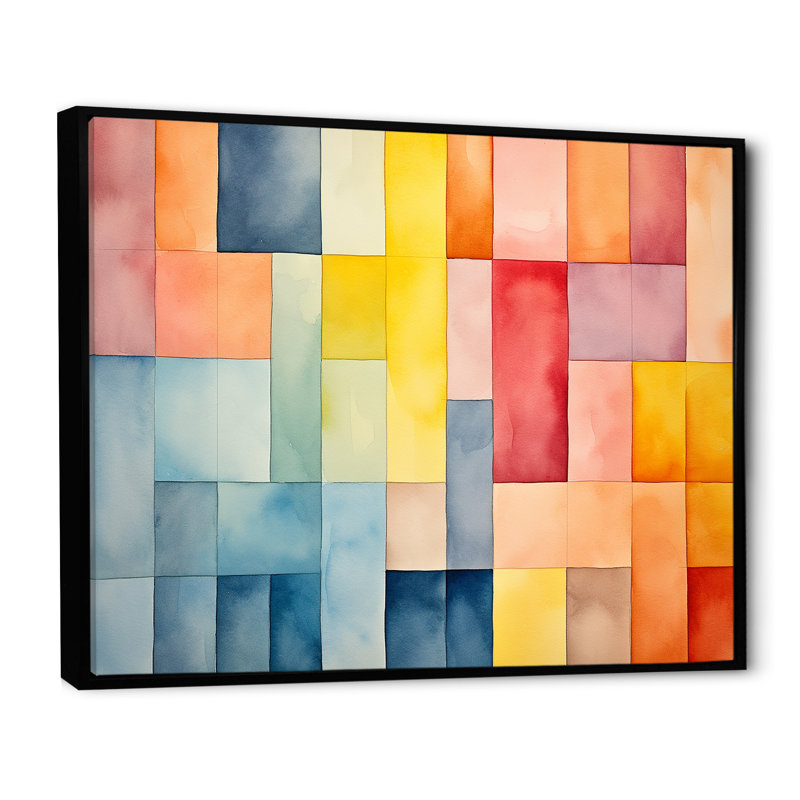 Mid-Century Pastel Color Cubes II - géométrique, art mural, Cadre flottant noir, H 30 po x l 40 po x P 1,5 po