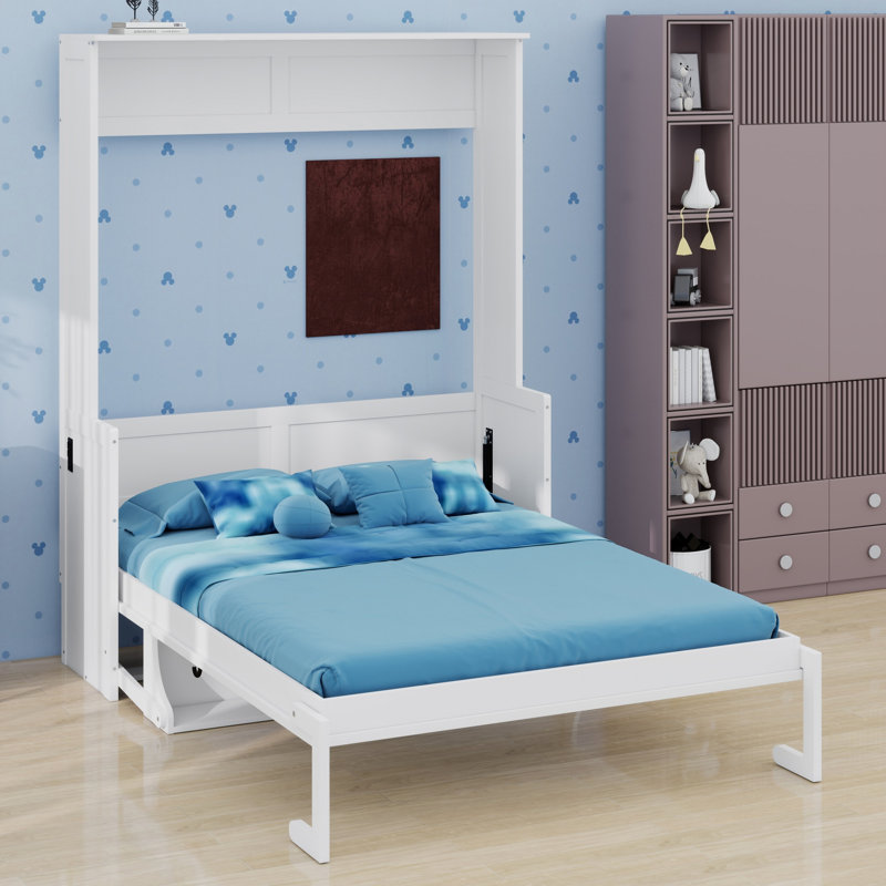 Lit escamotable avec bureau, lumières DEL et station de charge USB, Blanc