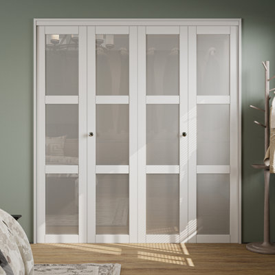 60" x 80" 3-Lite Glass Door Solid Manufactured Wood Double Bi-Fold Door With Installation Hardware Kit(Closet-Pantry Door) White