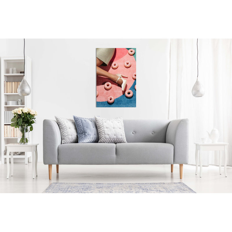 Panther Print Fine Art Prints Woman In White Heels & Pink Doughnuts In The Background Artistic Framed Canvas Prints, Pictures For Home Walls, Bedroom, Living Room & Bathroom Decor - Wrapped Canvas Art Prints