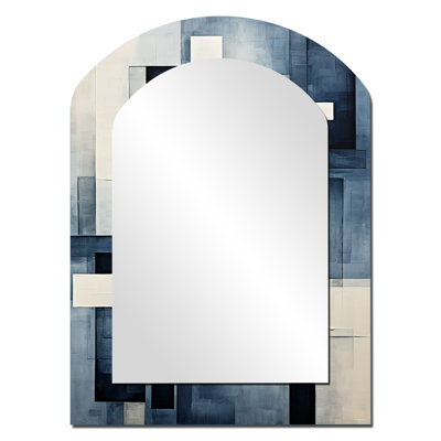 Indigo Illusion Abstract Shapes III - Abstract Shapes Asymmetrical Decorative Wall Mirror, Modern Arch Mirror, Printed Metal Art