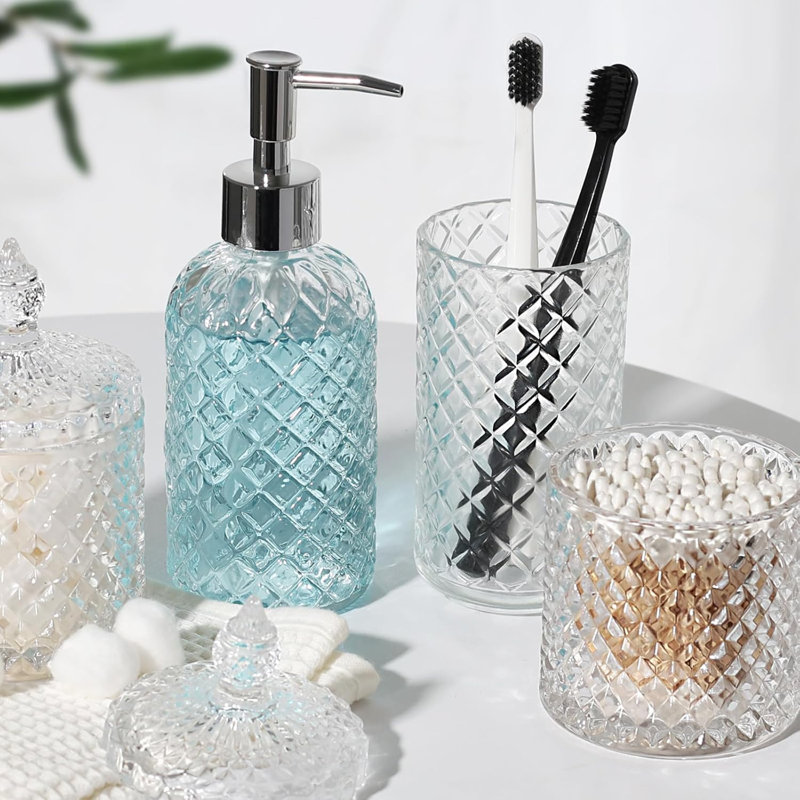 Ensemble de 4 accessoires de salle de bain transparents, distributeur de savon en verre diamant et porte-brosse à dents pour comptoir