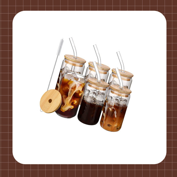 6pcs Glass Cups - Glass Cups With Lids And Straws - 16oz Iced Coffee Cup  6pcs Set - Glass Tumbler With Straw And Lid - Glass Coffee Cups - Ice  Coffee Cup 