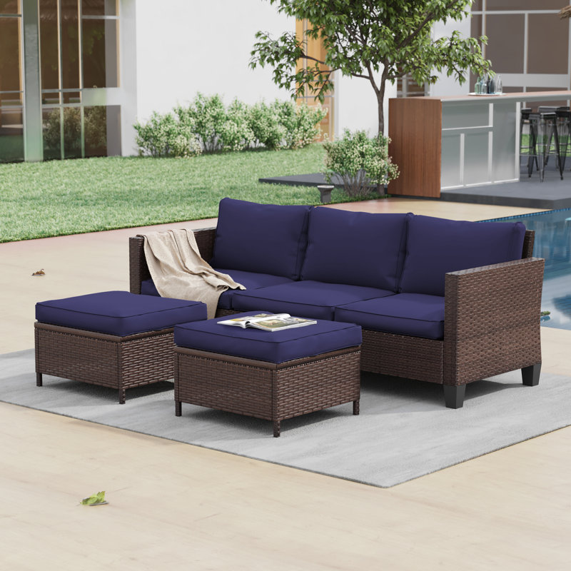 Ensemble de conversation de patio en osier pour 3 personnes avec coussins Dicotas, ensemble de meubles d'extérieur toutes saisons pour terrasse
