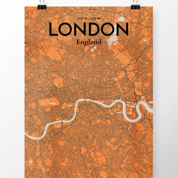 « london city map », reproduction d’impression sur affiche en orange, H 20 po x l 16 po