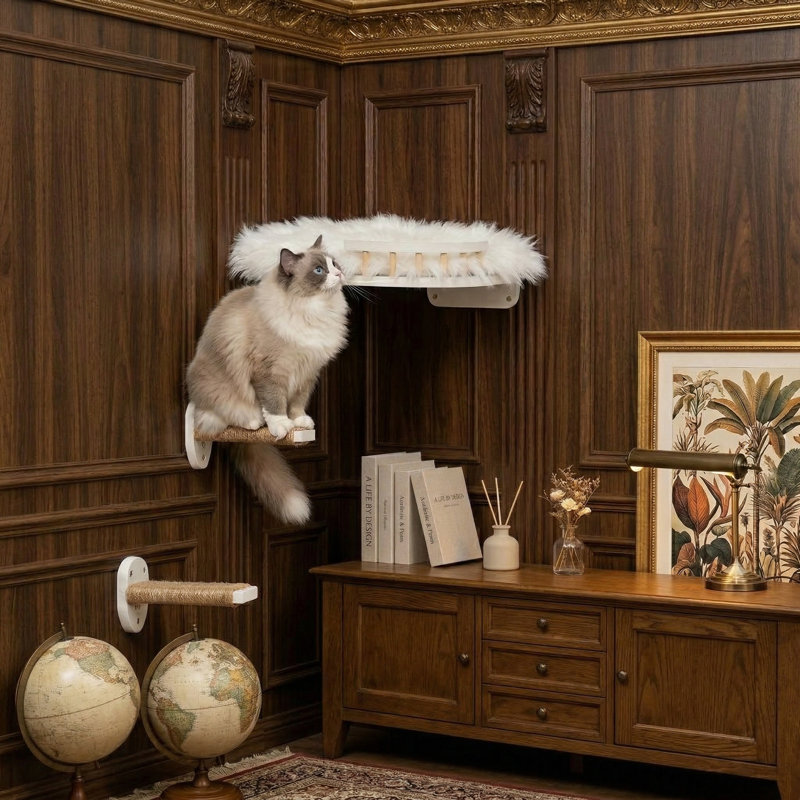 3-Function Wall-Mounted Cat Climbing Set, Features Hemp Rope, Shelves, Perches & Scratching Pads, White Finish
