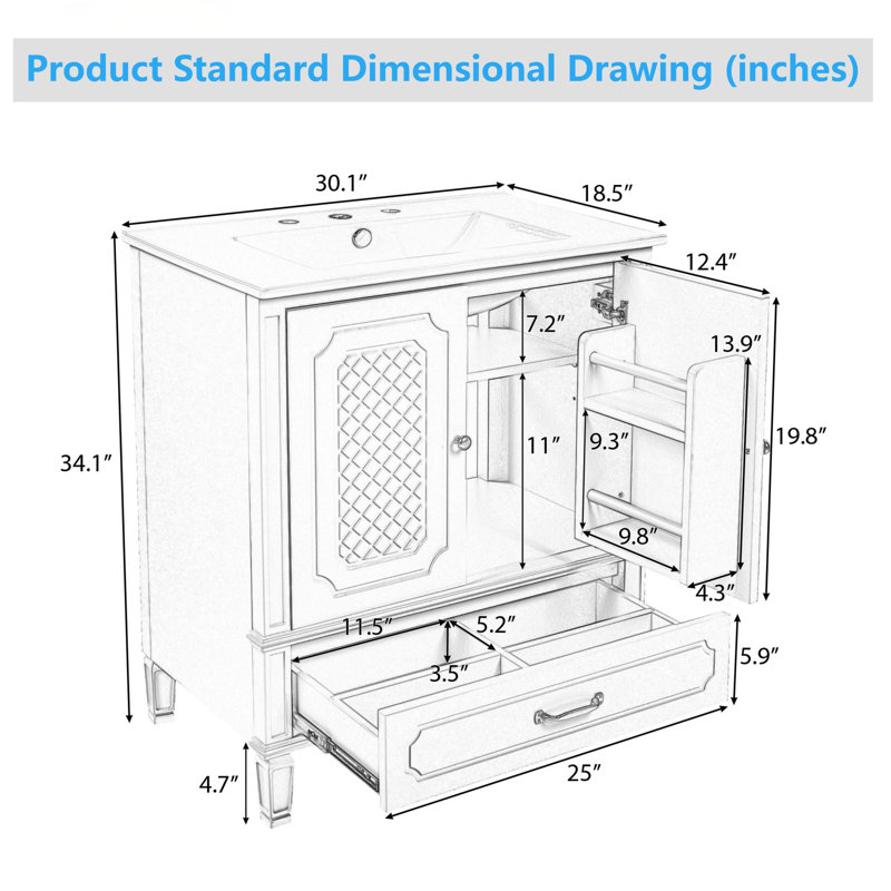 Meuble-lavabo 30 po avec lavabo style rétro, espace de rangement multifonctionnel, tablette de porte, porte à fermeture en douceur