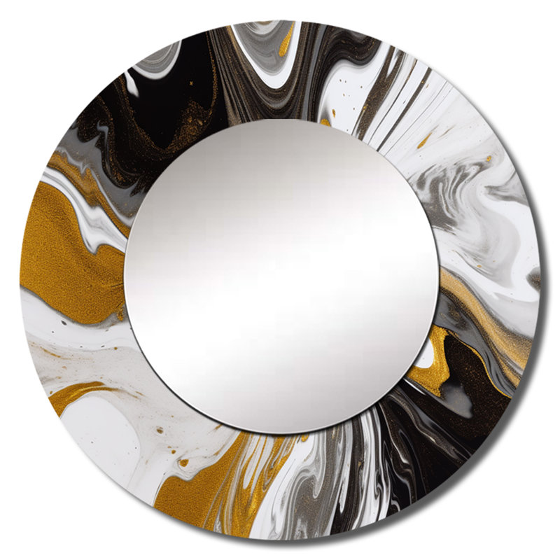 Symphonie de marbre doré noir - grand miroir mural abstrait, miroir rond moderne unique, impression d'art en métal