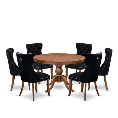 Ensemble de salle à manger 7 pièces en polyester avec 6 chaises de salle à manger noires, un dossier capitonné et une table ronde de 48 po au fini noyer antique.