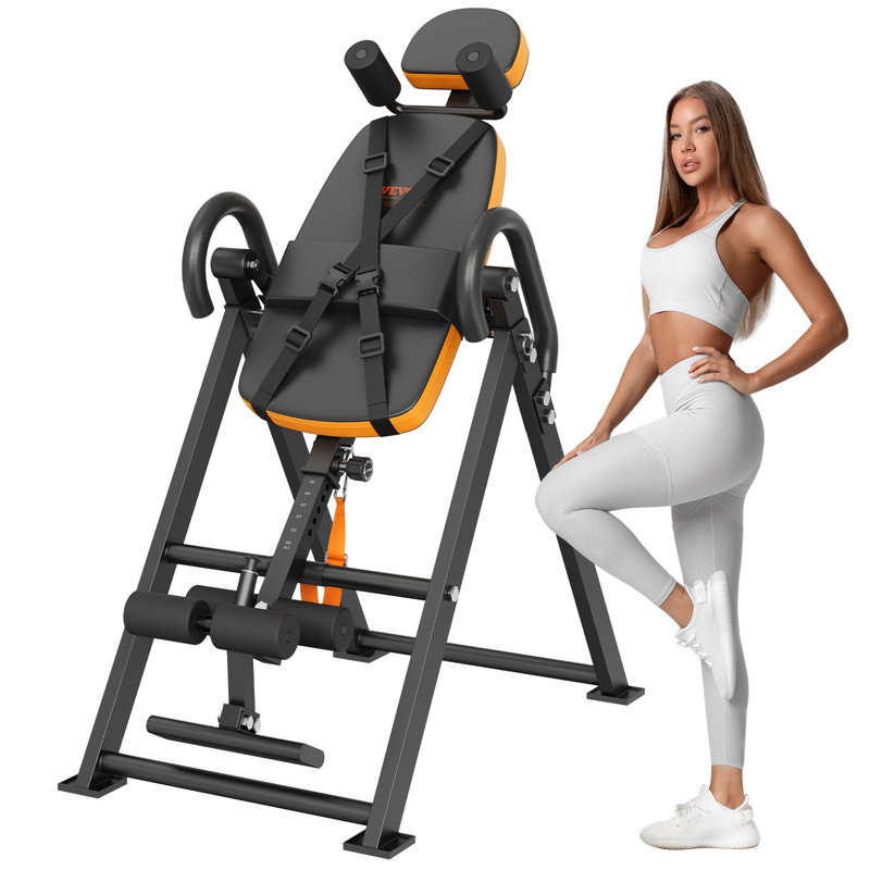 Table d'inversion, table d'inversion robuste d'une capacité de 300 lb, appareil de décompression à dos, équipement de musculation avec appui-tête, verrou de cheville, ceinture de protection réglable, orange / noir