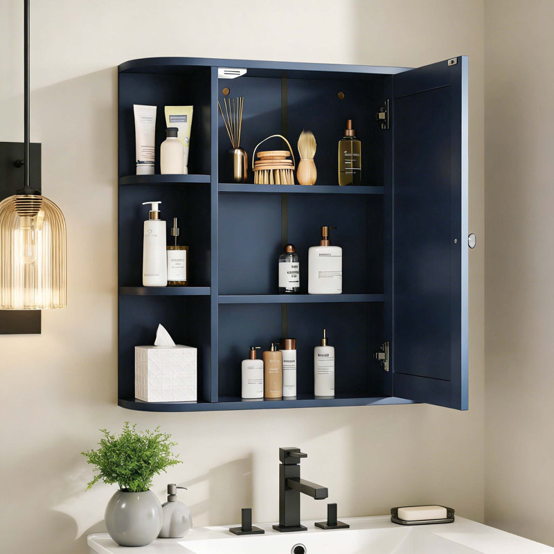 Bathroom Wall Storage Cabinet With Mirror, Medicine Cabinet With Adjustable Wood Shelf, Doors & 6 Open Shelves, Blue