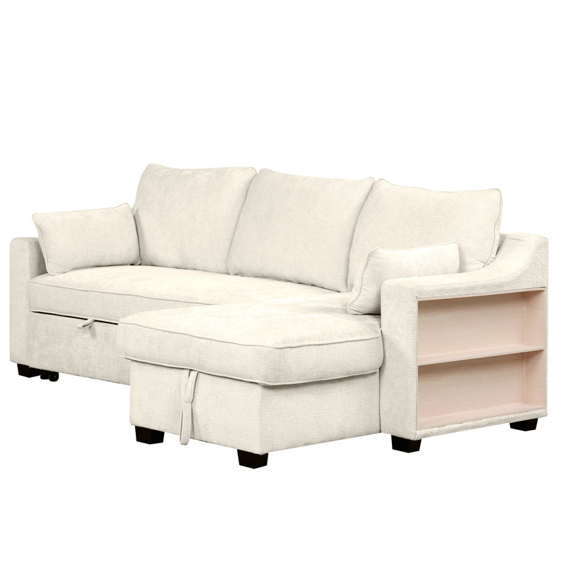 Pull Out Sleeper Sofa L-Shaped Couch Sectional Sofa Sectional Convertible Sofa, Right Hand Facing, Beige Chenille