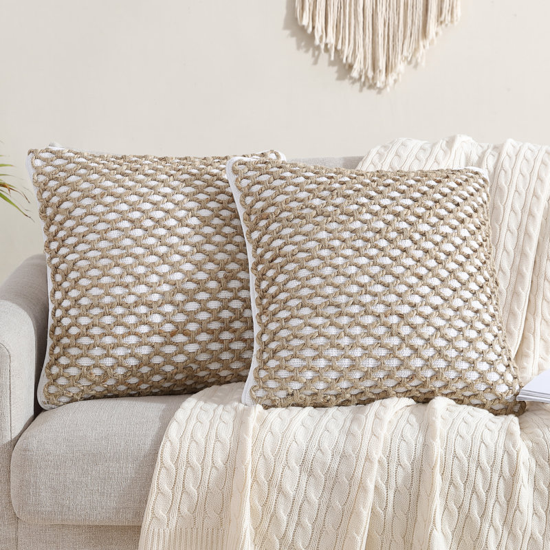 Jada 20" White and Beige Cotton Jute Throw Pillow Covers
