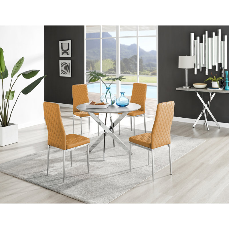 Eubanks 4 -Person Dining Set, Grey Concrete, Mustard