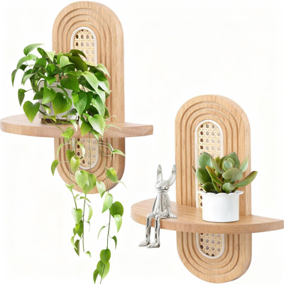 Boho Rattan Floating Shelves Wall Mounted Plant Display Set of 2
