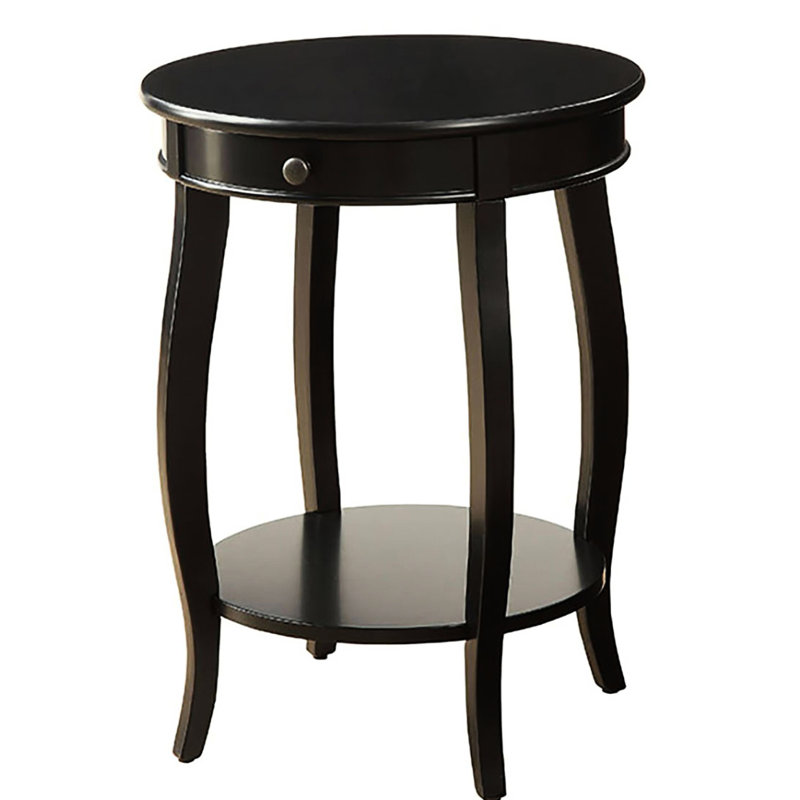 Table de bout noire avec tiroir et tablette inférieure, ronde pour espaces de vie 1 rangement en bois