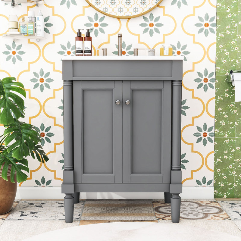 Sunde 24'' Single Bathroom Vanity with Ceramic Top, Modern Bathroom Storage Cabinet, Gray