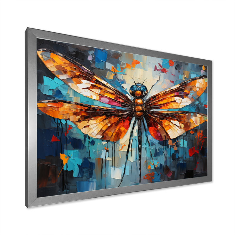 «Orange Dragonfly insectes Flight Collage II», reproduction sur toile, H 12 po x l 20 po x P 1 po, Cadre photo gris