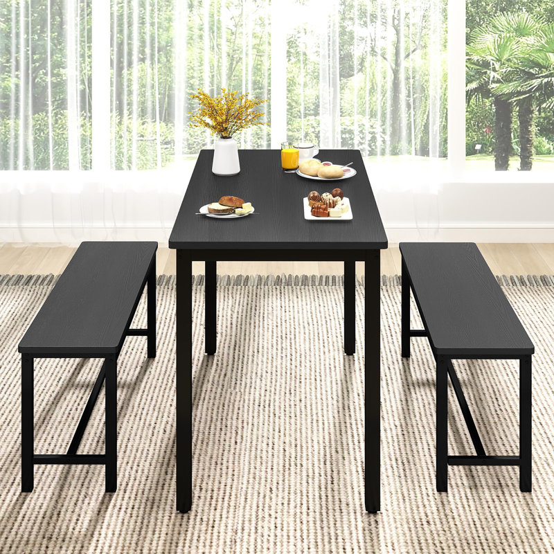 Ensemble de salle à manger 43 "pour 4 personnes avec 2 bancs et pieds réglables, Noir, Noir, Noir