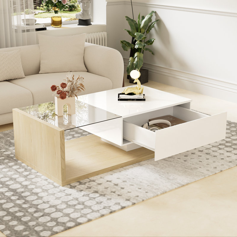 Camecia Pedestal Coffee Table with Storage, Tan, White