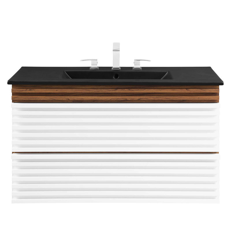 Modway Render 36" Wall-Mount Bathroom Vanity, White/Walnut/Black