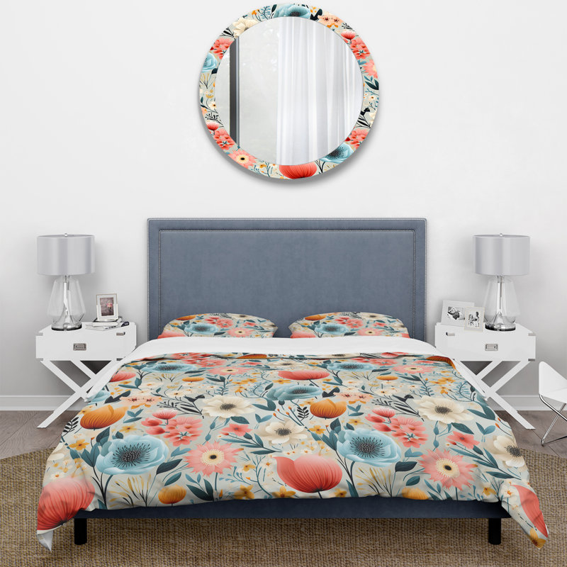 Playful Blooming Floral Motif - Ensemble de housse de couette floral, Housse de couette pour très grand lit et 2 très