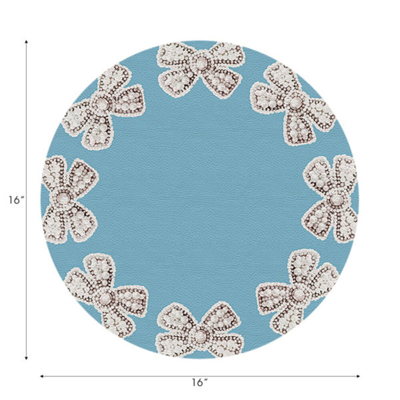 Pearl Bow Vegan Leather Round Pebble Placemat, Blue