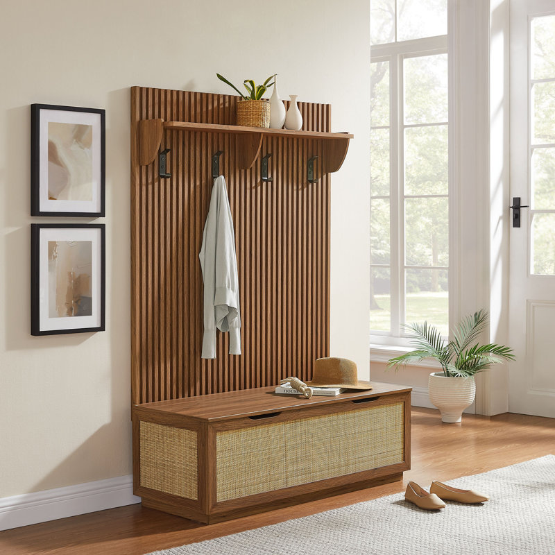 Arbre d'entrée 3-en-1 cannelé Soma avec banc de rangement et portemanteau en noyer, Noyer