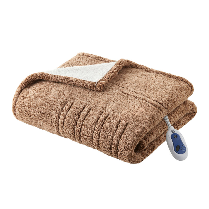 Jeté en sherpa marbré et chauffant, Brun