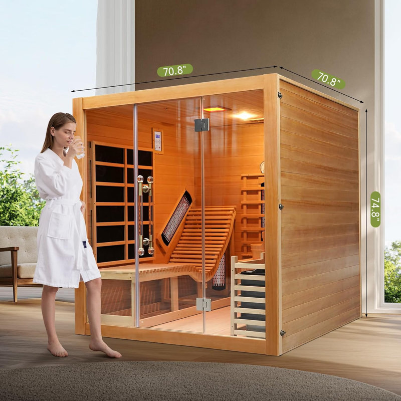 ZONEMEL Indoor Hybrid Sauna with Recliner for 2 or 3 People, Canadian Hemlock Wooden 195°F Steam+149°F Infrared, 8mm Tempered Glass,9 Heaters, 6KW Harvia Heater, Water Bucket, Ladle,Stones, 220V 