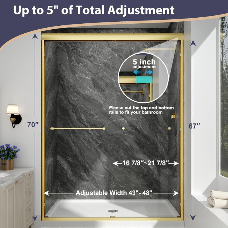 43"-48" W x 70" H Double Sliding Aluminum Framed Shower Door in Brushed Gold with 1/4" Clear Tempered Glass, Brushed Gold