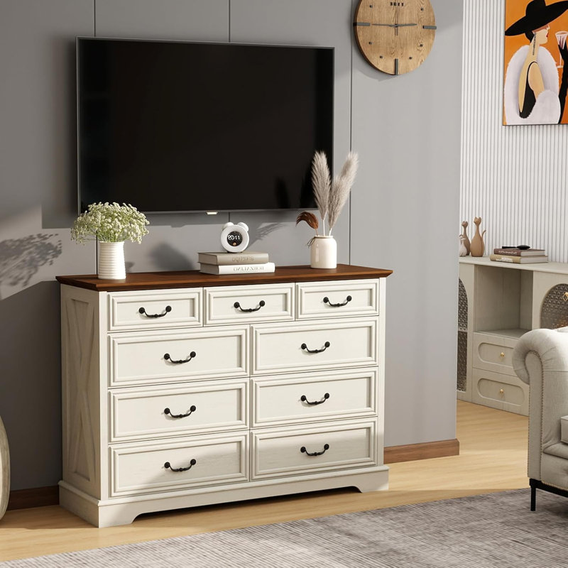 52"W Farmhouse 9-Drawer Dresser, Wood Chest Of Drawers With Spacious Storage For Bedroom, Living Room & Entryway, White/Brown
