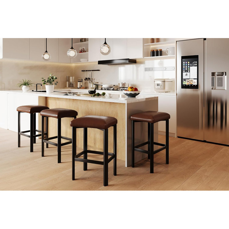 24" Bar Stools Set of 4, Counter Height, PU Leather Upholstered, Metal Frame, Kitchen, Brown, Brown, 4