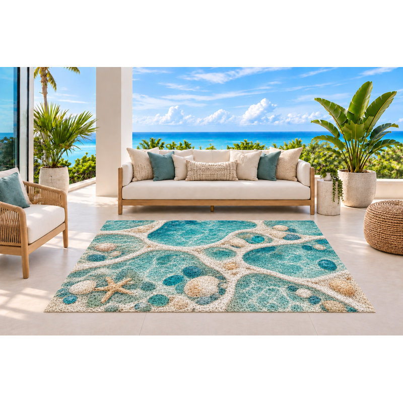 Tapis d'extérieur 152 x 213 cm (5 pi x 7 pi) Aqua Tidal Pools avec motif étoiles de mer et galets, tapis bouclé en PVC imperméable, tapis résistant à séchage rapide pour porche, terrasse, balcon ou entrée.