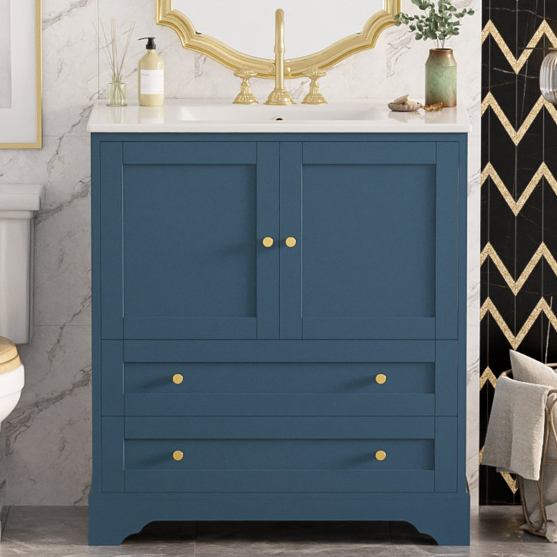 Meuble-lavabo 30 po avec lavabo en céramique, armoire de rangement autoportante moderne avec poignées dorées, portes à fermeture douce