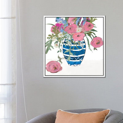 Blue Vase Of Pink Roses by Robin Maria - Painting on Canvas
