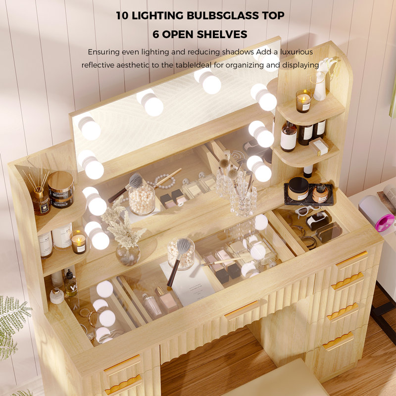 43.3" Glass-top Makeup Vanity With 3-color Mode Adjustable Lighting, Makeup Table with 9 Drawers, 6 Open Shelves & Outlet