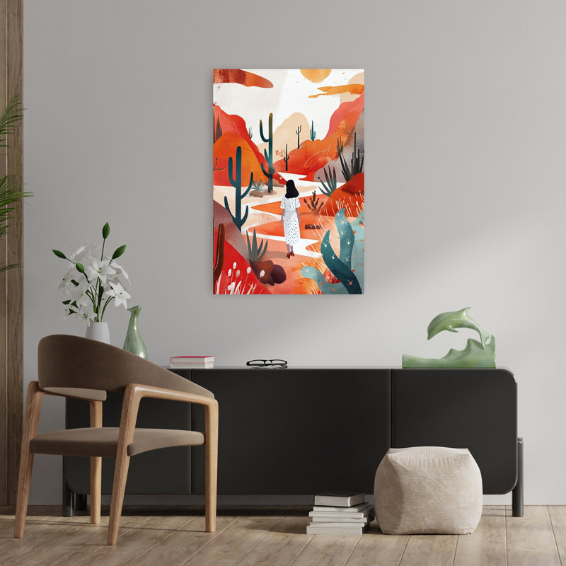 «Woman's Desert Journey», art paisible, paysage paisible de montagne avec cactus serein, H 36 po x l 24 po