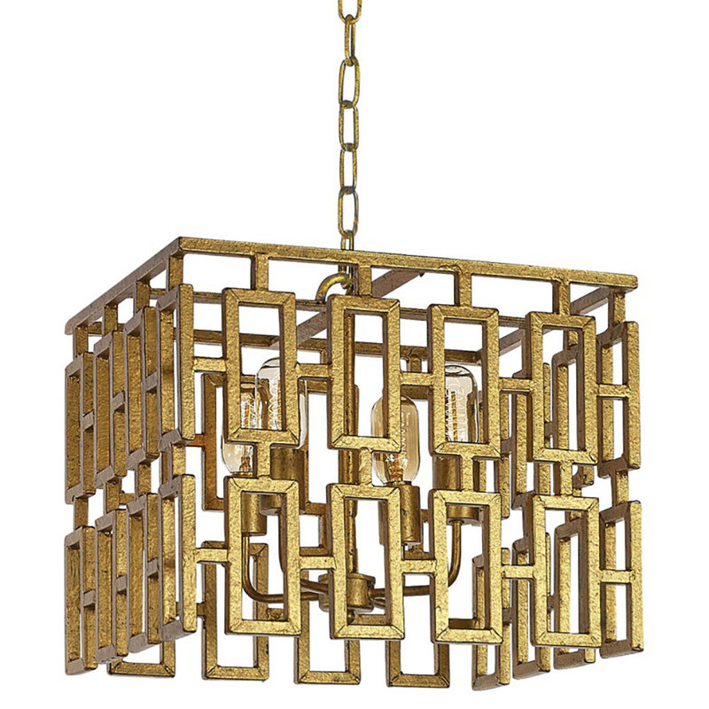 Miami 4 - Light Unique Square Chandelier with Wrought Iron Accents, Gold Leaf