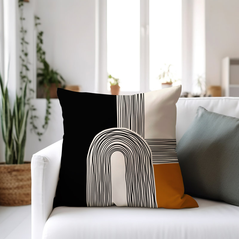 Coussin décoratif réversible intérieur / extérieur Cassie, Orange/crème/noir, H 19 po x l 19 po